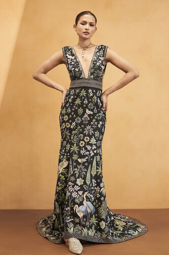 Magic Of The Evergreen Forest Hand-painted Pichhwai Silk Gown - Black, Black, image 1